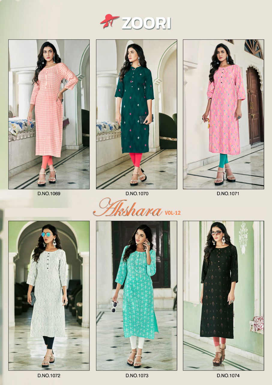 Zoori Akshara 12 Designer Fancy Regular Wear Rayon Printed Kurti Collection